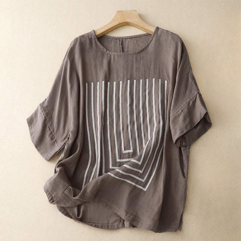 Lässiges Damen-T-Shirt aus Baumwolle und Leinen mit Buddha Stones und Liniendruckmuster - RosyBrown - US12, UK/AU16, EU44 (2XL) - image 17