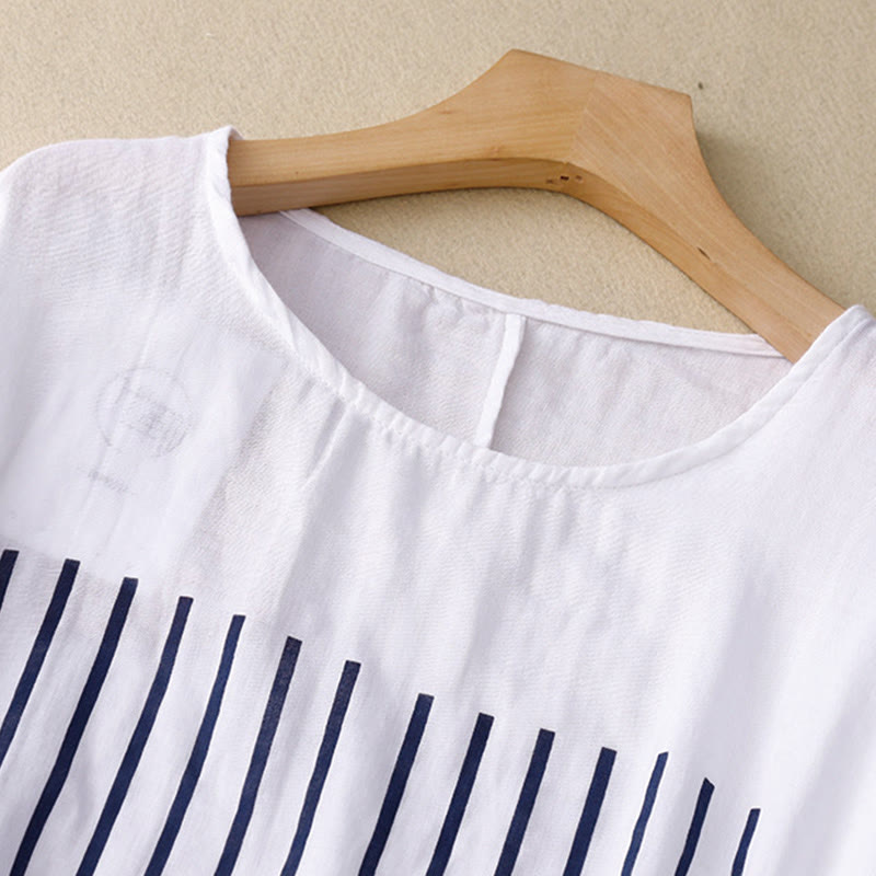 Lässiges Damen-T-Shirt aus Baumwolle und Leinen mit Buddha Stones und Liniendruckmuster - image 13