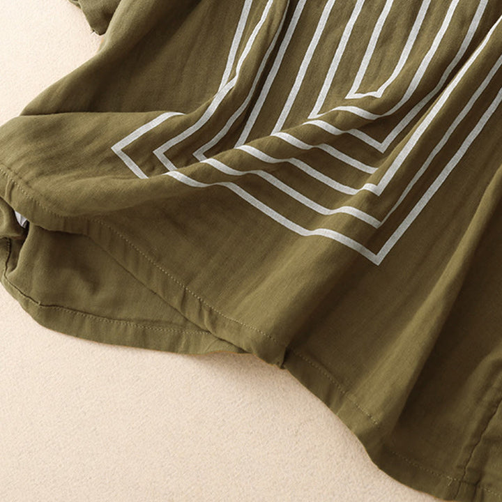 Lässiges Damen-T-Shirt aus Baumwolle und Leinen mit Buddha Stones und Liniendruckmuster - image 2