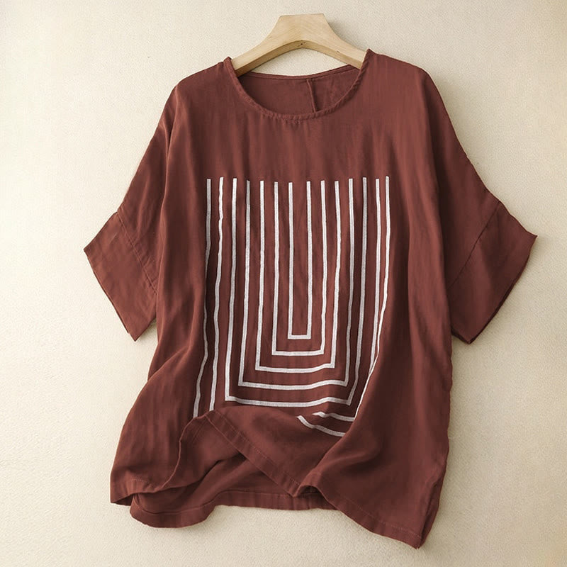 Lässiges Damen-T-Shirt aus Baumwolle und Leinen mit Buddha Stones und Liniendruckmuster - Kastanienbraun - US12, UK/AU16, EU44 (2XL) - image 7
