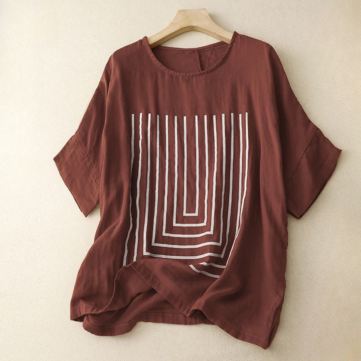 Lässiges Damen-T-Shirt aus Baumwolle und Leinen mit Buddha Stones und Liniendruckmuster - Kastanienbraun - US12, UK/AU16, EU44 (2XL) - image 7