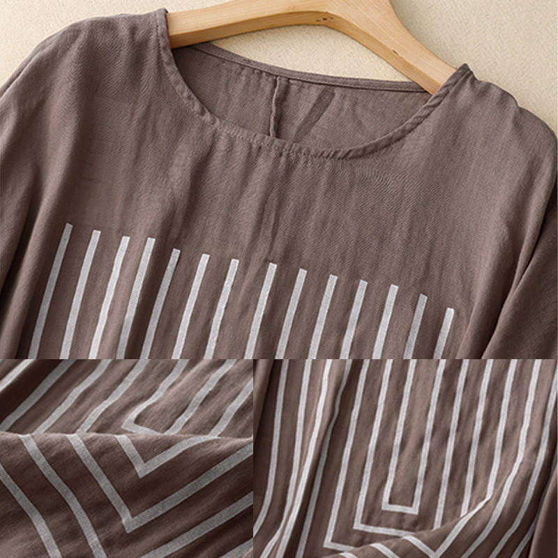 Lässiges Damen-T-Shirt aus Baumwolle und Leinen mit Buddha Stones und Liniendruckmuster - image 21