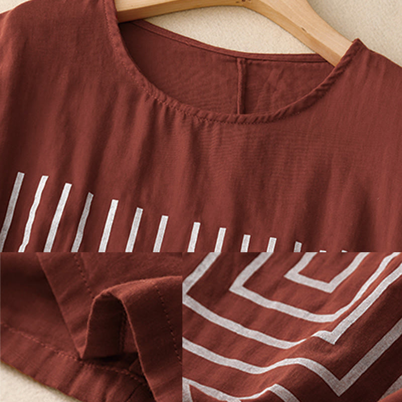 Lässiges Damen-T-Shirt aus Baumwolle und Leinen mit Buddha Stones und Liniendruckmuster - image 8