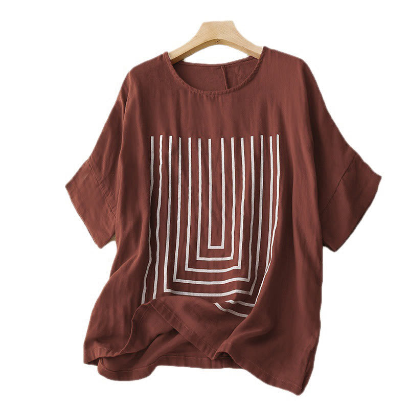 Lässiges Damen-T-Shirt aus Baumwolle und Leinen mit Buddha Stones und Liniendruckmuster - image 11