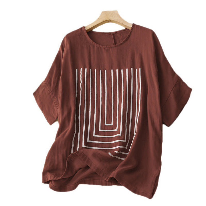 Lässiges Damen-T-Shirt aus Baumwolle und Leinen mit Buddha Stones und Liniendruckmuster - image 11