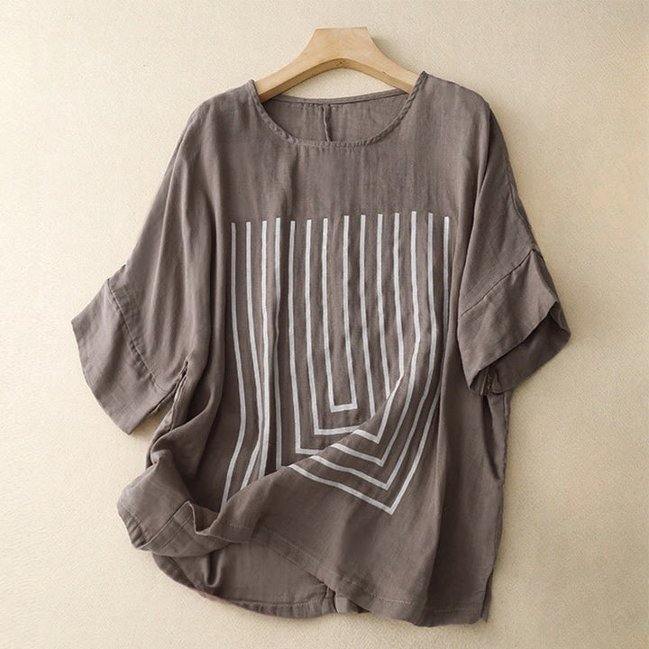 Lässiges Damen-T-Shirt aus Baumwolle und Leinen mit Buddha Stones und Liniendruckmuster - RosyBrown - US12, UK/AU16, EU44 (2XL) - image 18