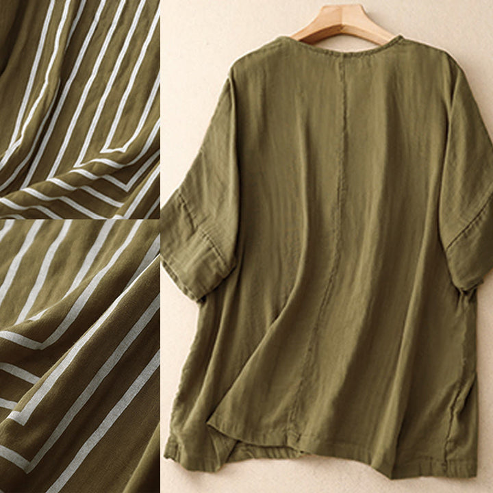 Lässiges Damen-T-Shirt aus Baumwolle und Leinen mit Buddha Stones und Liniendruckmuster - image 6