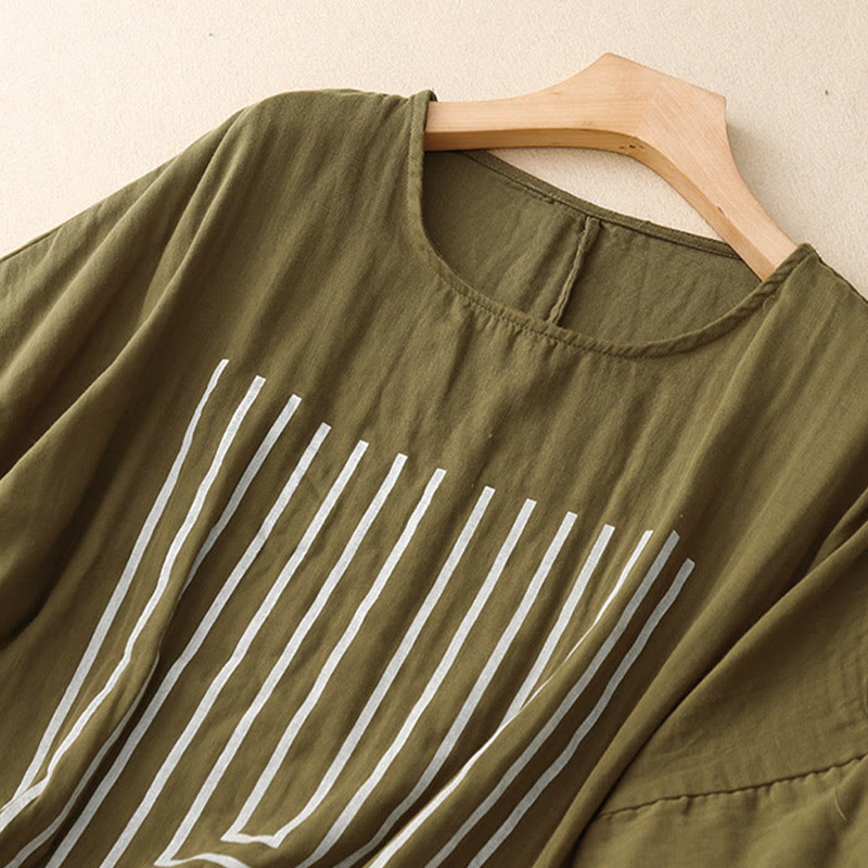 Lässiges Damen-T-Shirt aus Baumwolle und Leinen mit Buddha Stones und Liniendruckmuster - image 1