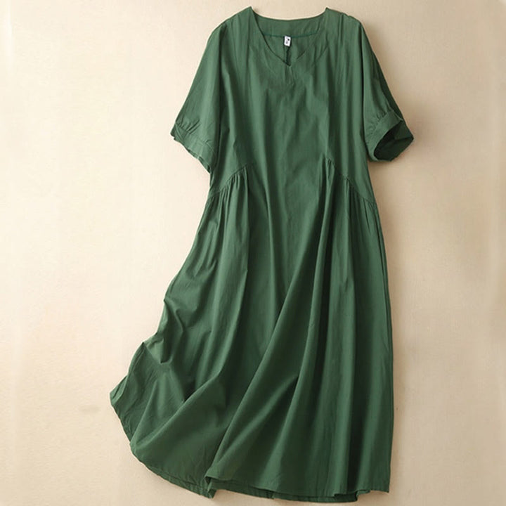 Buddha Stones – Lässiges, reines Farbdesign, kurzärmliges Midikleid aus Baumwolle mit V-Ausschnitt und Taschen - Dunkelgrün - US 8-10, UK/AU 12-14, EU 40-42 (2XL) - image 0