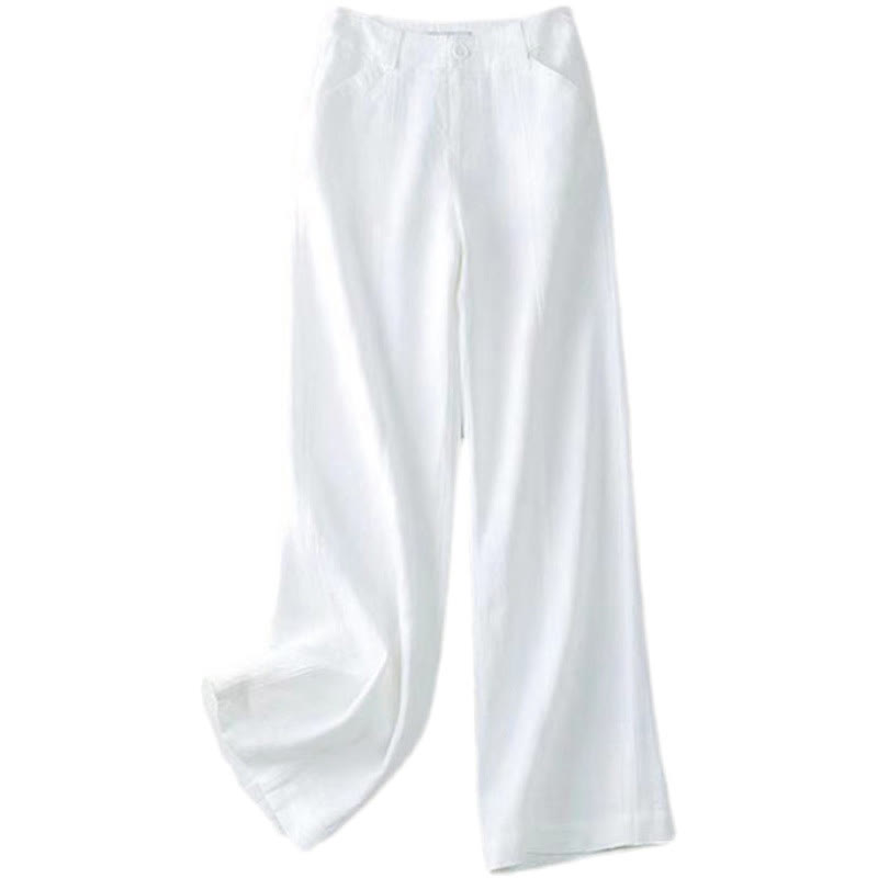 Buddha Stones Lässige Retro-Hose aus Baumwolle und Leinen mit hoher Taille und weitem Bein und Taschen für Damen