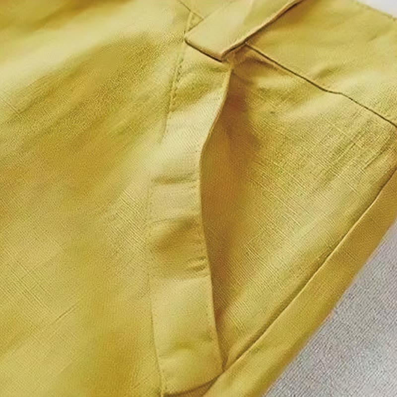 Buddha Stones Lässige Retro-Hose aus Baumwolle und Leinen mit hoher Taille und weitem Bein und Taschen für Damen