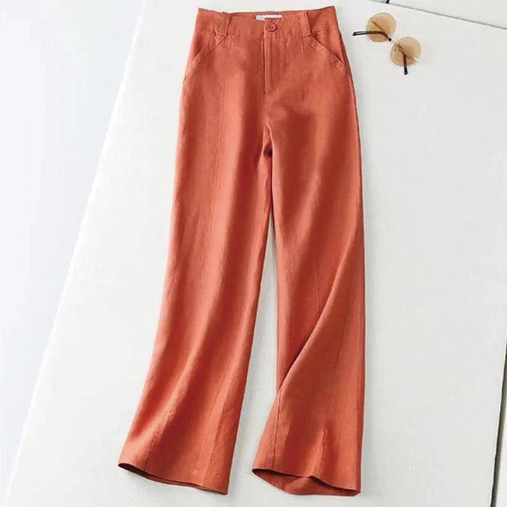 Buddha Stones Lässige Retro-Hose aus Baumwolle und Leinen mit hoher Taille und weitem Bein und Taschen für Damen