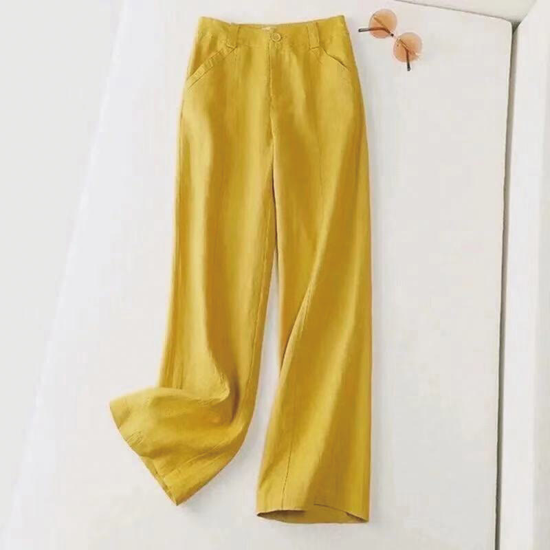 Buddha Stones Lässige Retro-Hose aus Baumwolle und Leinen mit hoher Taille und weitem Bein und Taschen für Damen
