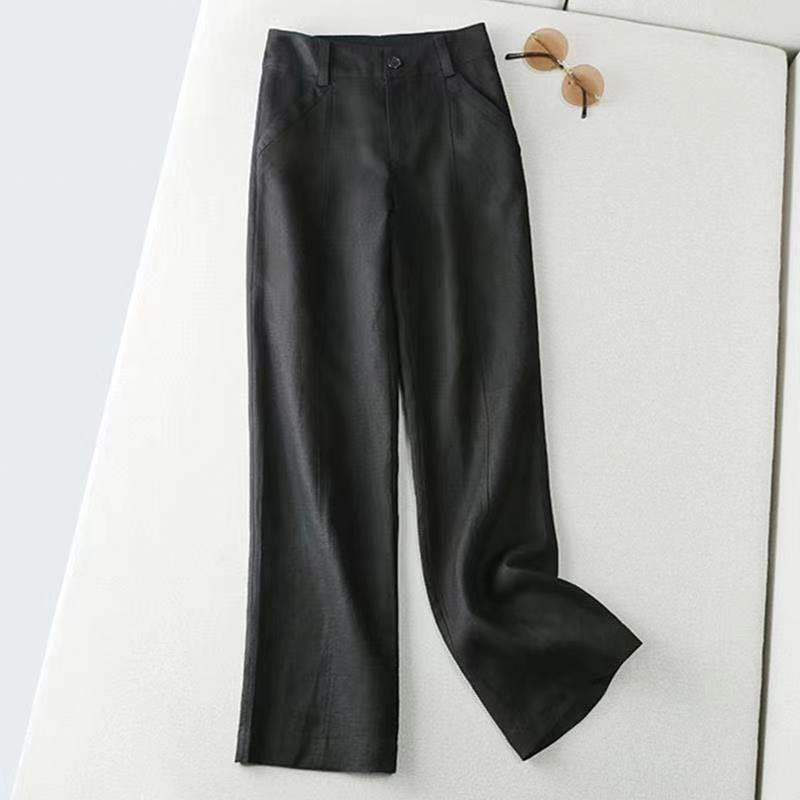 Buddha Stones Lässige Retro-Hose aus Baumwolle und Leinen mit hoher Taille und weitem Bein und Taschen für Damen