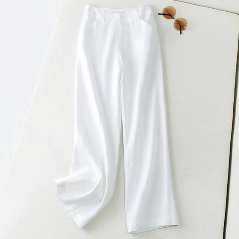 Buddha Stones Lässige Retro-Hose aus Baumwolle und Leinen mit hoher Taille und weitem Bein und Taschen für Damen