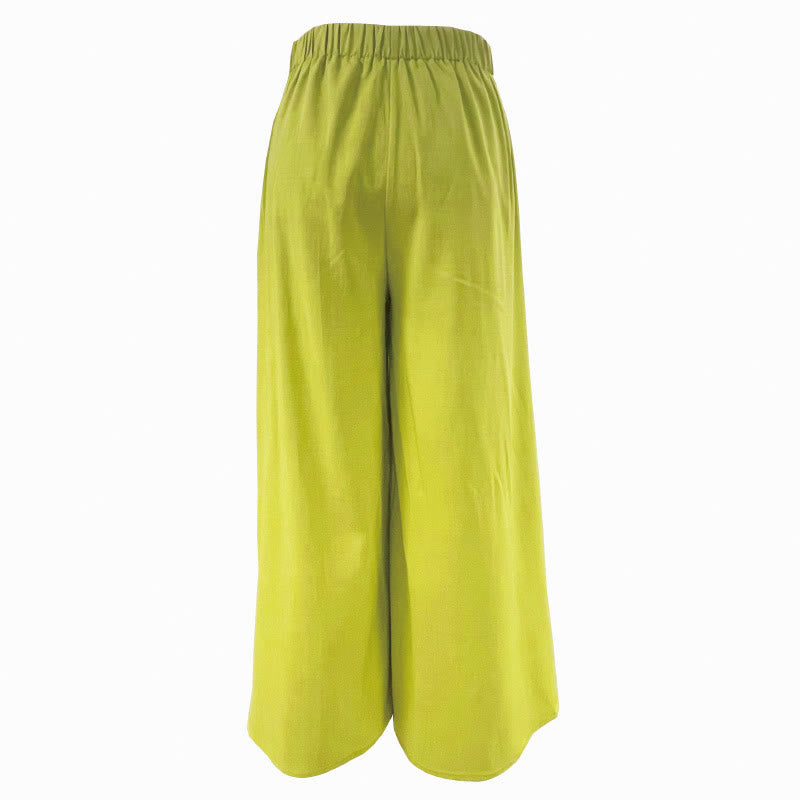 Buddha Stones Frühlings-Casual Retro Plain Kordelzug Damen Weite Beinhose mit Taschen
