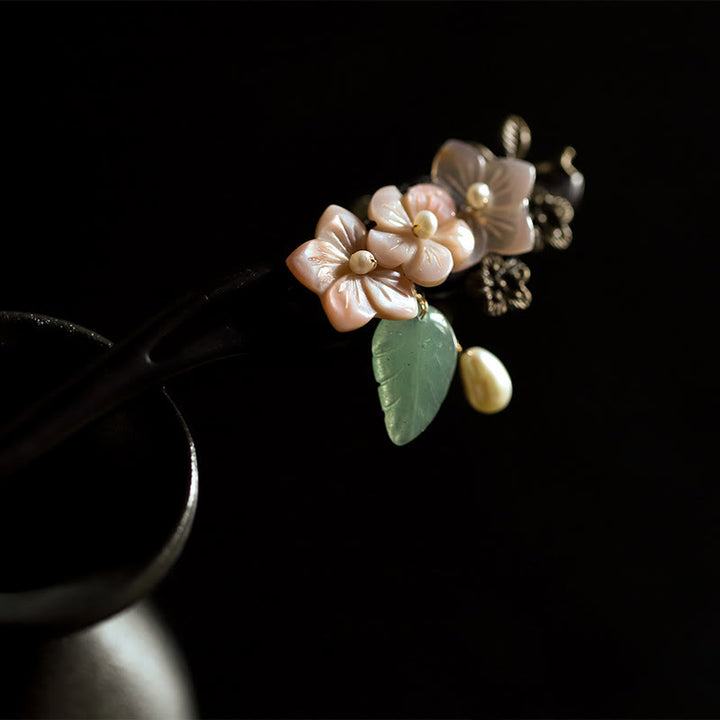 Buddha Stones Ebenholz Shell Blume Blätter Segen Haarnadel