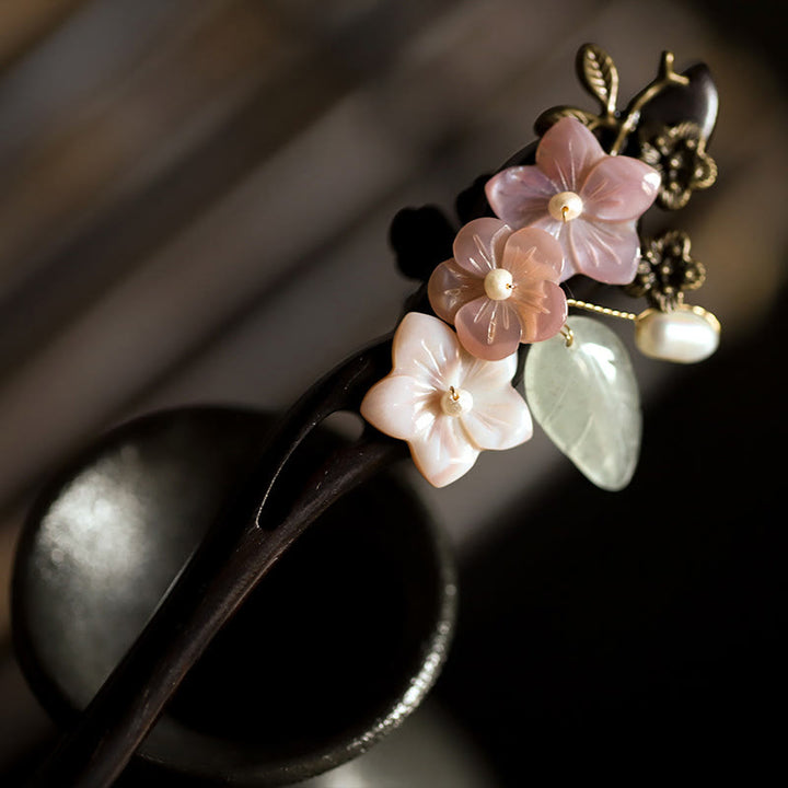 Buddha Stones Ebenholz Shell Blume Blätter Segen Haarnadel