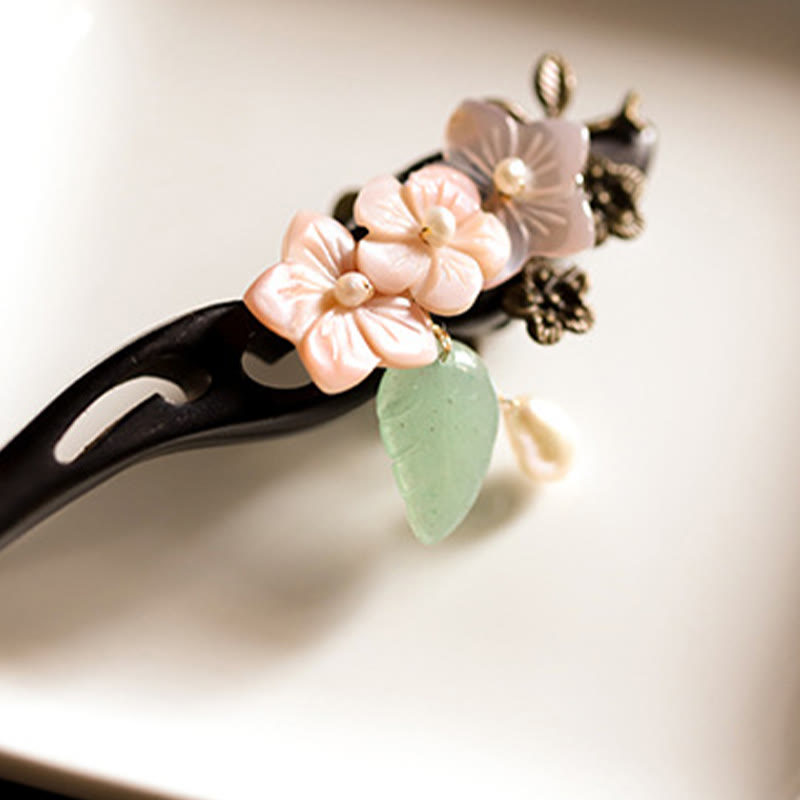Buddha Stones Ebenholz Shell Blume Blätter Segen Haarnadel