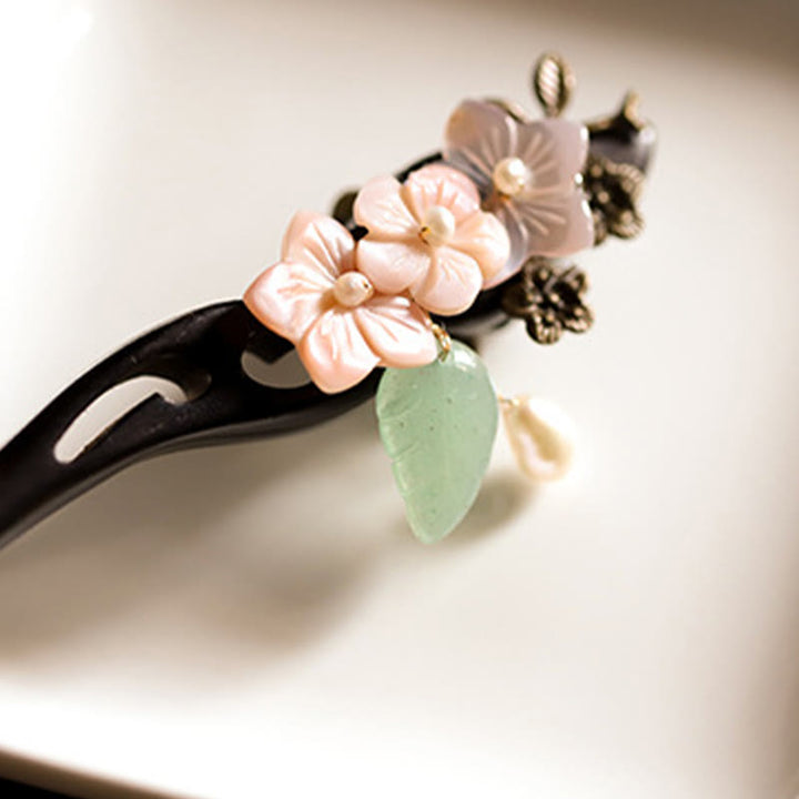 Buddha Stones Ebenholz Shell Blume Blätter Segen Haarnadel