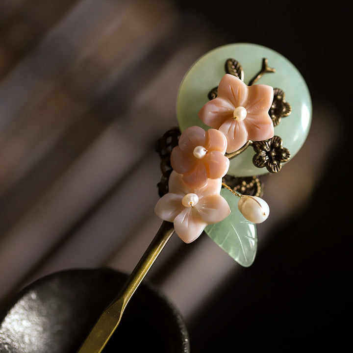 Buddha Stones Kupfer Jade Shell Blume Blätter Glück Haarnadel