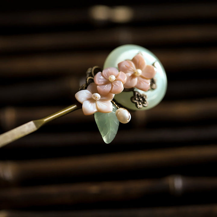 Buddha Stones Kupfer Jade Shell Blume Blätter Glück Haarnadel