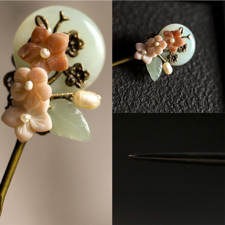 Buddha Stones Kupfer Jade Shell Blume Blätter Glück Haarnadel