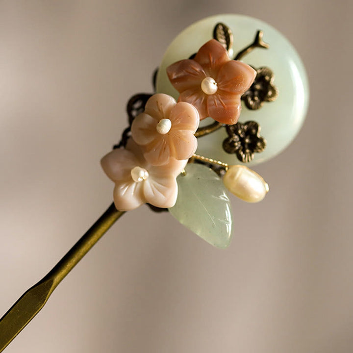 Buddha Stones Kupfer Jade Shell Blume Blätter Glück Haarnadel