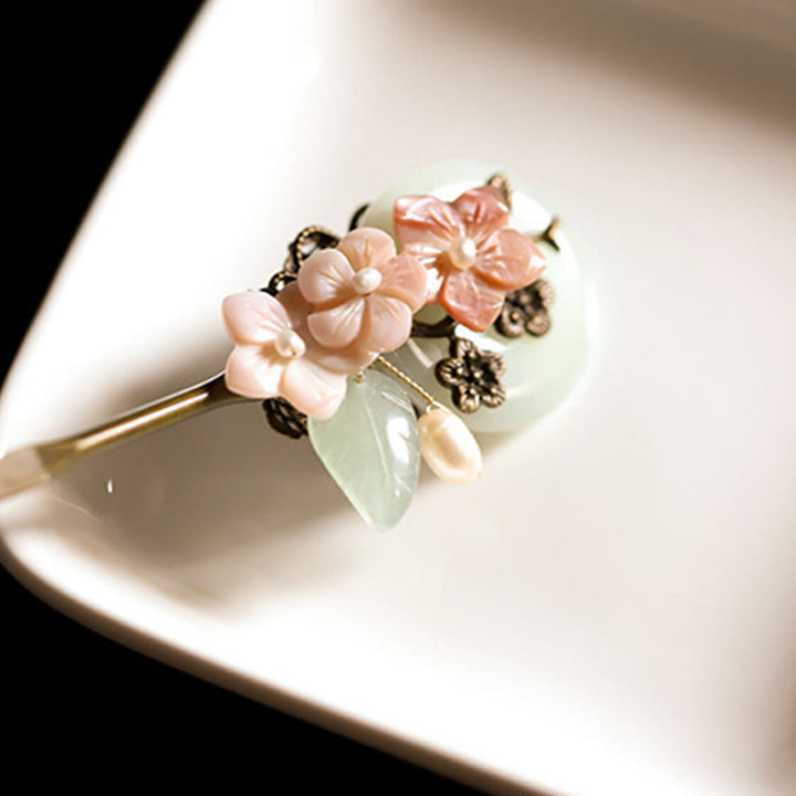Buddha Stones Kupfer Jade Shell Blume Blätter Glück Haarnadel