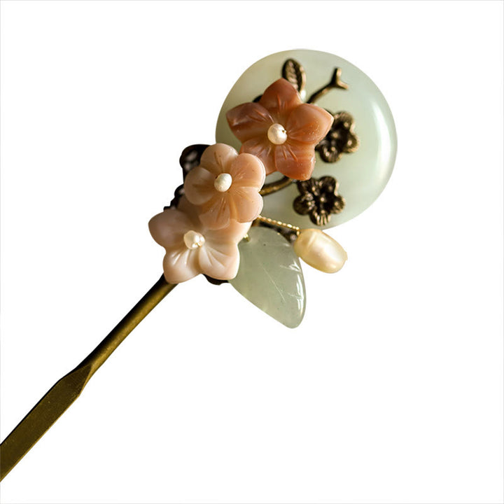 Buddha Stones Kupfer Jade Shell Blume Blätter Glück Haarnadel