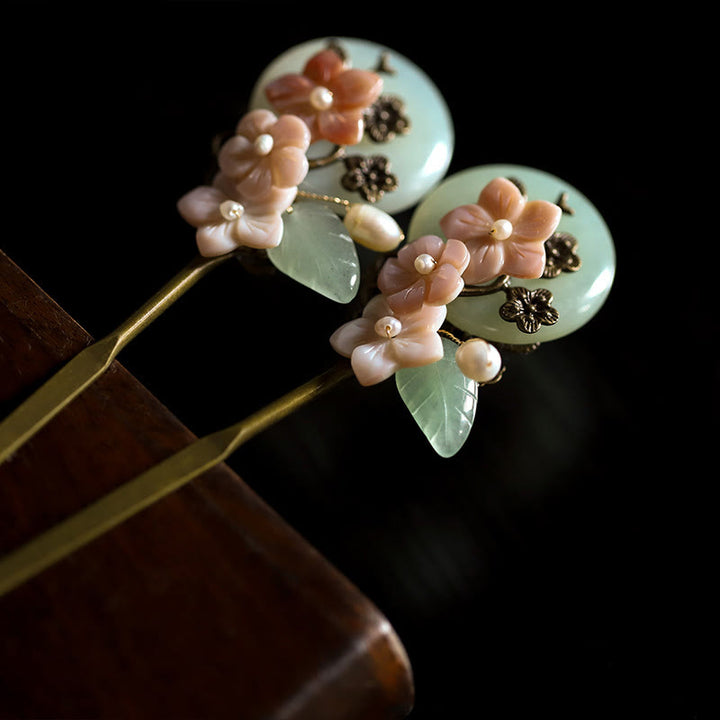 Buddha Stones Kupfer Jade Shell Blume Blätter Glück Haarnadel