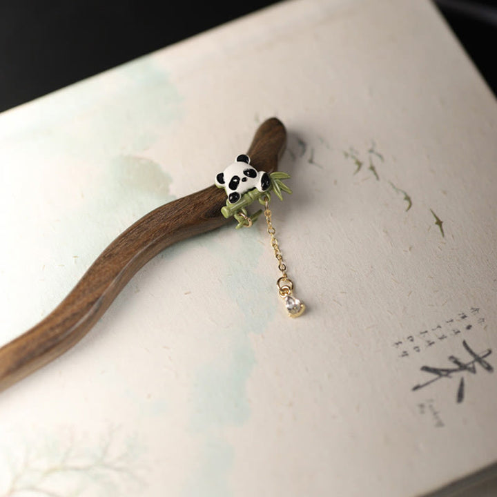 Buddha Stones Ebenholz Panda Bambus Quaste Mut Haarnadel