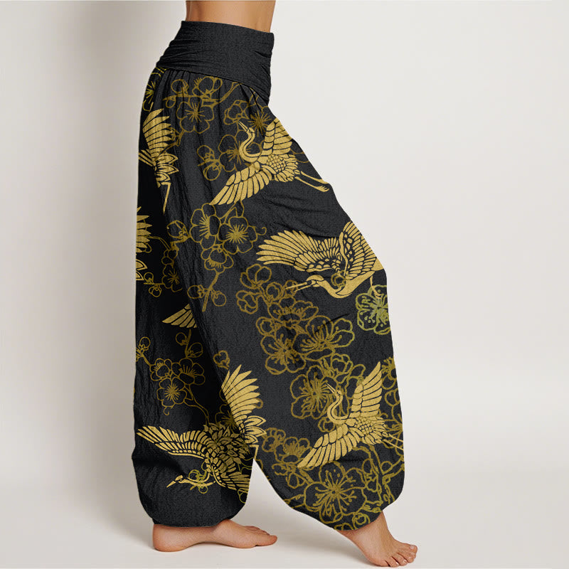 Buddha Stones Kranich Blumenmuster Damen Haremshose mit elastischer Taille - image 3