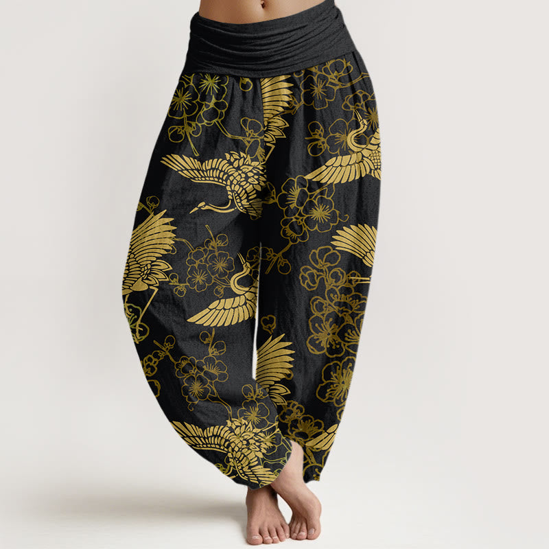 Buddha Stones Kranich Blumenmuster Damen Haremshose mit elastischer Taille - Schwarz - US22， UK/AU26，EU54 (6XL) - image 1