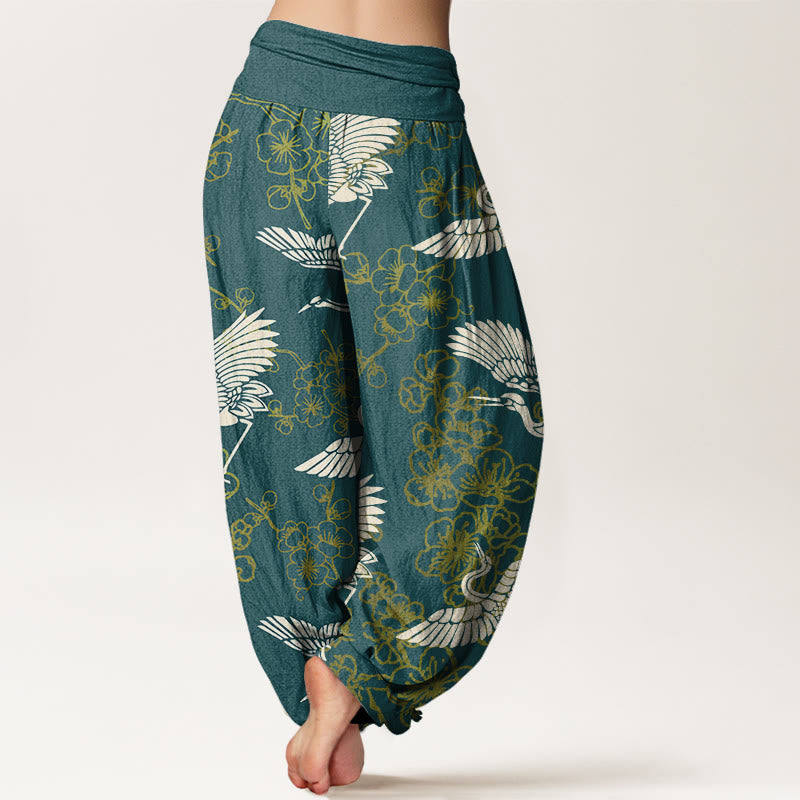 Buddha Stones Kranich Blumenmuster Damen Haremshose mit elastischer Taille - image 6