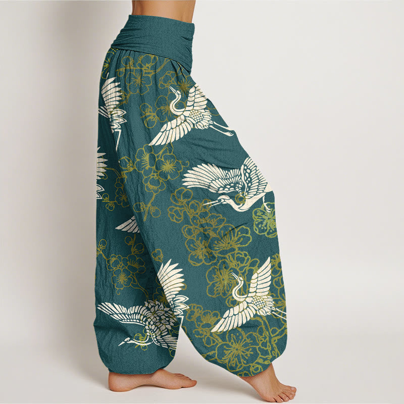 Buddha Stones Kranich Blumenmuster Damen Haremshose mit elastischer Taille - image 7