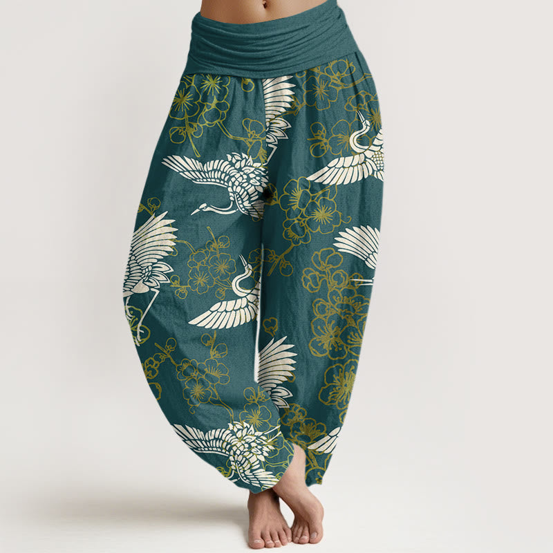 Buddha Stones Kranich Blumenmuster Damen Haremshose mit elastischer Taille - Seegrün - US22， UK/AU26，EU54 (6XL) - image 5