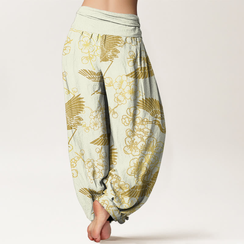 Buddha Stones Kranich Blumenmuster Damen Haremshose mit elastischer Taille - image 9
