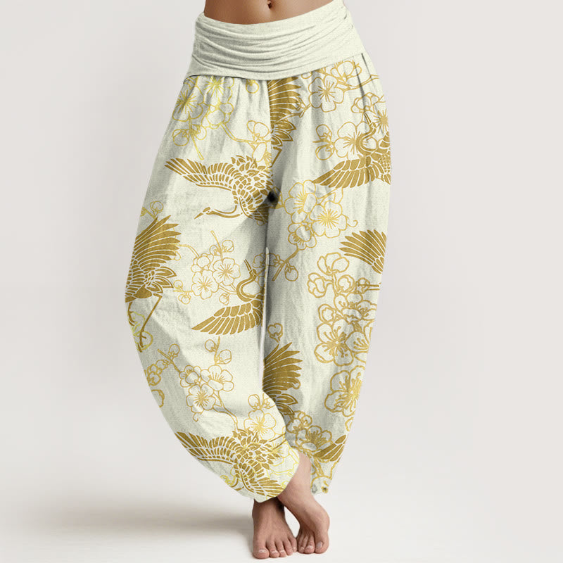 Buddha Stones Kranich Blumenmuster Damen Haremshose mit elastischer Taille - Hellgelb - US22， UK/AU26，EU54 (6XL) - image 8