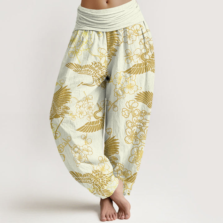 Buddha Stones Kranich Blumenmuster Damen Haremshose mit elastischer Taille - Hellgelb - US22， UK/AU26，EU54 (6XL) - image 8