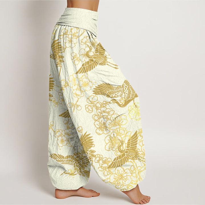 Buddha Stones Kranich Blumenmuster Damen Haremshose mit elastischer Taille - image 10