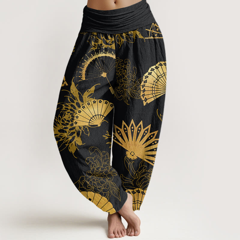 Buddha Stones Fan Blumenmuster Damen Haremshose mit elastischer Taille - Schwarz - US22， UK/AU26，EU54 (6XL) - image 1