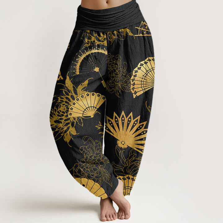 Buddha Stones Fan Blumenmuster Damen Haremshose mit elastischer Taille - Schwarz - US22， UK/AU26，EU54 (6XL) - image 1