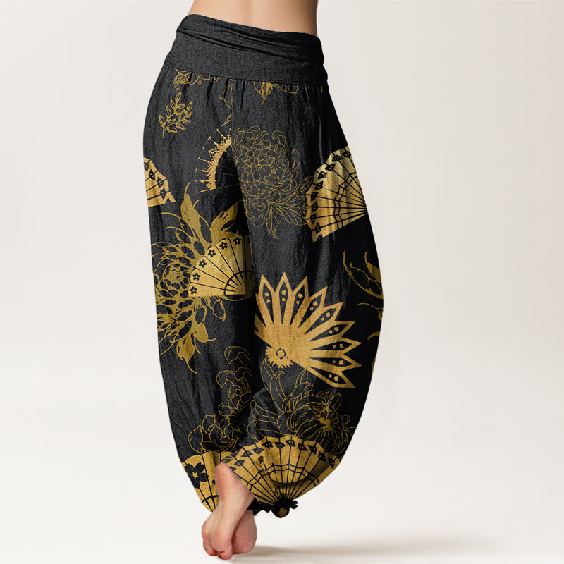 Buddha Stones Fan Blumenmuster Damen Haremshose mit elastischer Taille - image 2