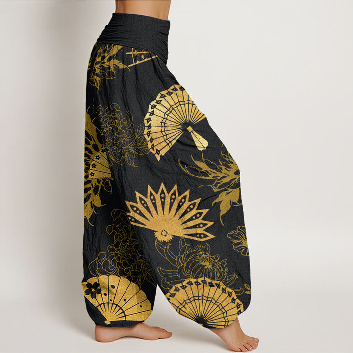 Buddha Stones Fan Blumenmuster Damen Haremshose mit elastischer Taille - image 3