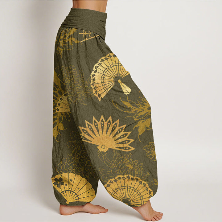 Buddha Stones Fan Blumenmuster Damen Haremshose mit elastischer Taille - image 7