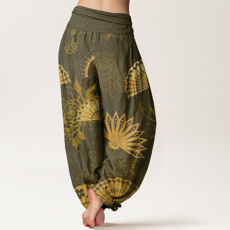 Buddha Stones Fan Blumenmuster Damen Haremshose mit elastischer Taille - image 6