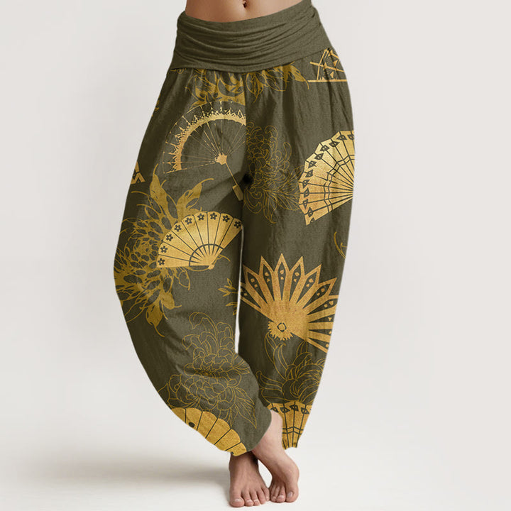 Buddha Stones Fan Blumenmuster Damen Haremshose mit elastischer Taille - Olive - US22， UK/AU26，EU54 (6XL) - image 5