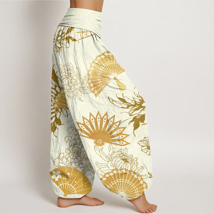Buddha Stones Fan Blumenmuster Damen Haremshose mit elastischer Taille - image 10