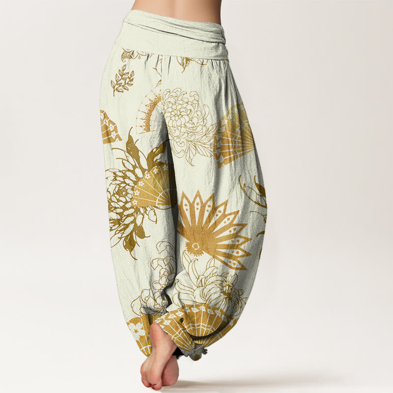 Buddha Stones Fan Blumenmuster Damen Haremshose mit elastischer Taille - image 9